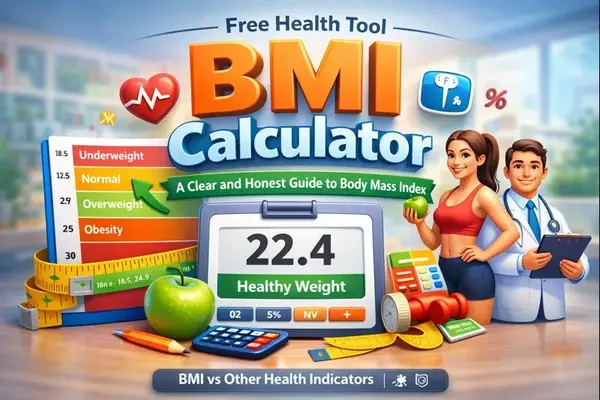 Colorful BMI calculator dashboard showing healthy weight range and obesity levels with free body mass index tool by Toolzaa