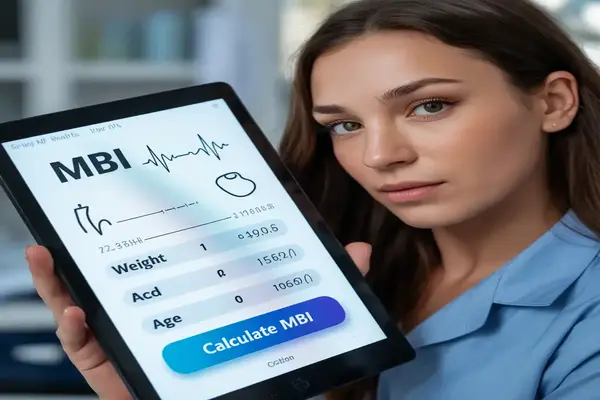 Woman using online BMI calculator on tablet to check body mass index and healthy weight status with Toolzaa free health calculator