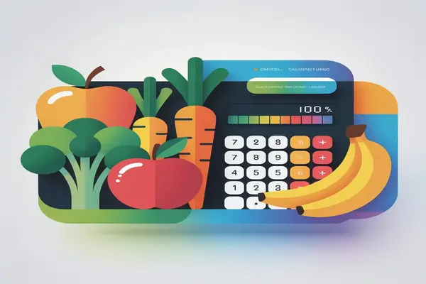 Calories in food chart style image showing calories in fruits vegetables protein foods and snacks for meal planning