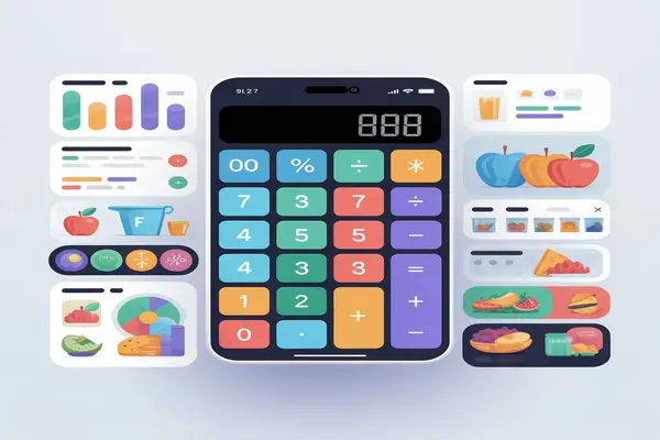 Healthy food and digital calorie calculator graphic showing balanced diet and calorie counting concept