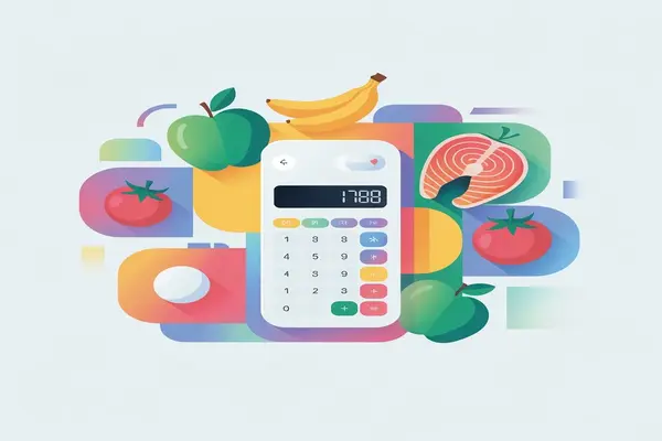 Modern calorie calculator app design with food icons for tracking daily calories and nutrition goals
