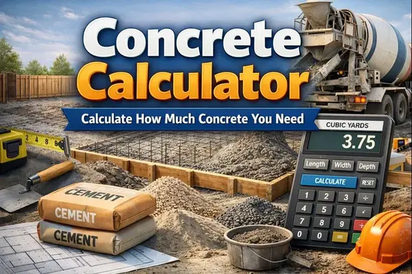 Concrete calculator displaying cubic yards result with cement bags, measuring tools, and construction site for estimating concrete needs