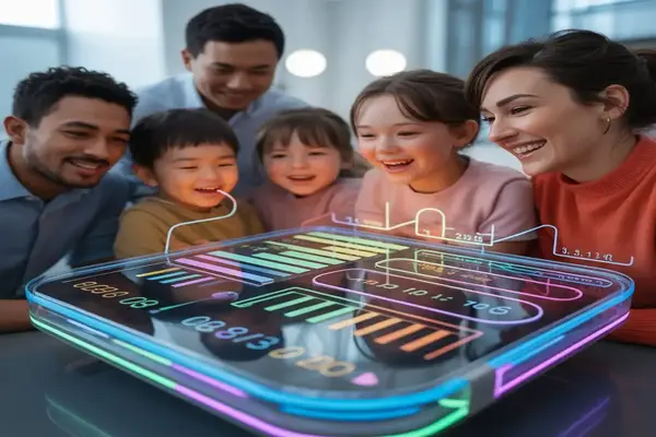 Family using a life expectancy calculator to check lifespan and understand lifestyle impact on longevity in a bright digital scene