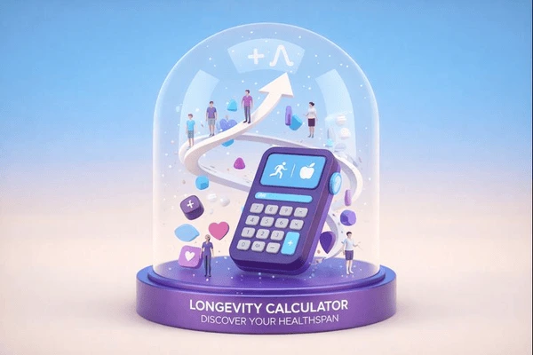 Longevity Calculator 3D illustration showing a digital longevity calculator inside a glass dome with people and growth arrows representing life expectancy prediction and healthy lifespan planning