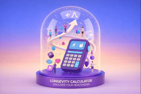 Longevity Calculator 3D visual showing a modern longevity calculator device with people and upward arrow representing health based life expectancy calculation and wellness planning