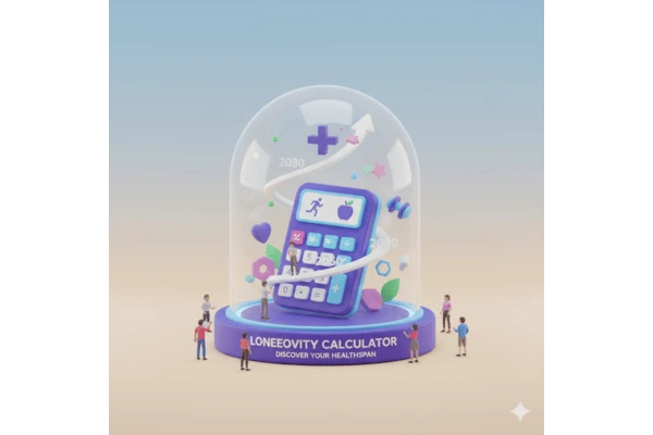 Longevity Calculator 3D artwork of a futuristic health calculator with wellness icons and rising path symbolizing life expectancy estimation and long term health improvement