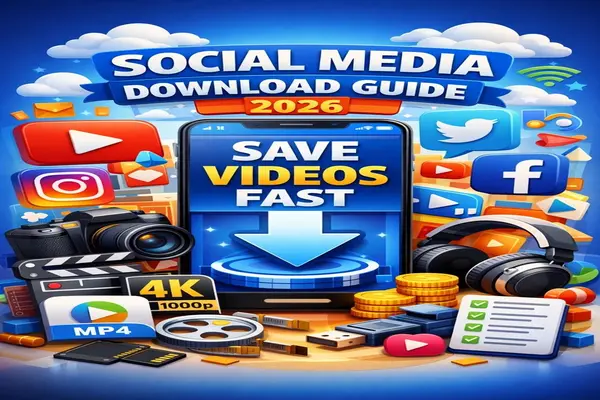Social Media Video Downloader showing a 3D smartphone with save videos fast text and icons for YouTube, Instagram, Facebook, and TikTok for HD offline downloading