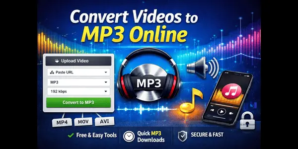 How to Convert Videos to MP3 Online using a secure browser tool that shows video upload, MP3 audio extraction, bitrate selection, and fast high-quality conversion interface