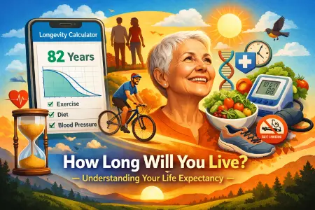 Colorful banner illustration for a Longevity calculator guide showing a smartphone with life expectancy results, healthy lifestyle icons, exercise, diet, blood pressure monitor, and a smiling older adult symbolizing long life and wellness planning.