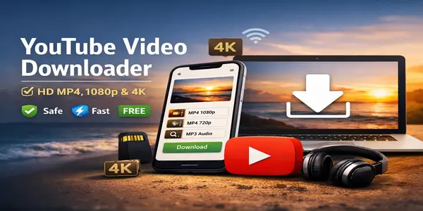 YouTube Video Downloader banner showing HD MP4, 1080p and 4K video download on mobile and laptop devices with fast, free, and secure online YouTube downloader interface for download YouTube videos online.